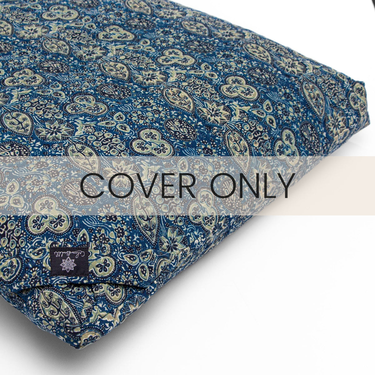 Meditation Cushion Ajrakh Fig Leaf Blue Zabuton COVER ONLY Calm Buddhi