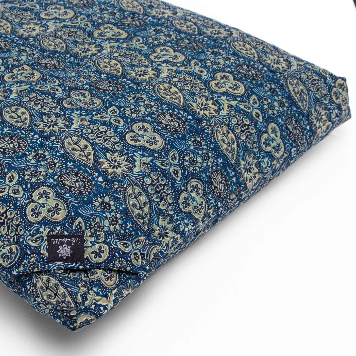 Meditation Cushion - Ajrakh Fig Leaf Zabuton Block Printed, Zabutons -xo