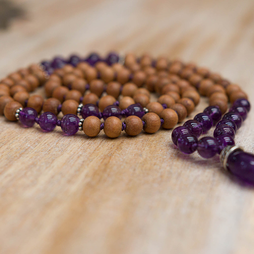 Amethyst and Sandalwood (Anja) Mala Mala beads -xo