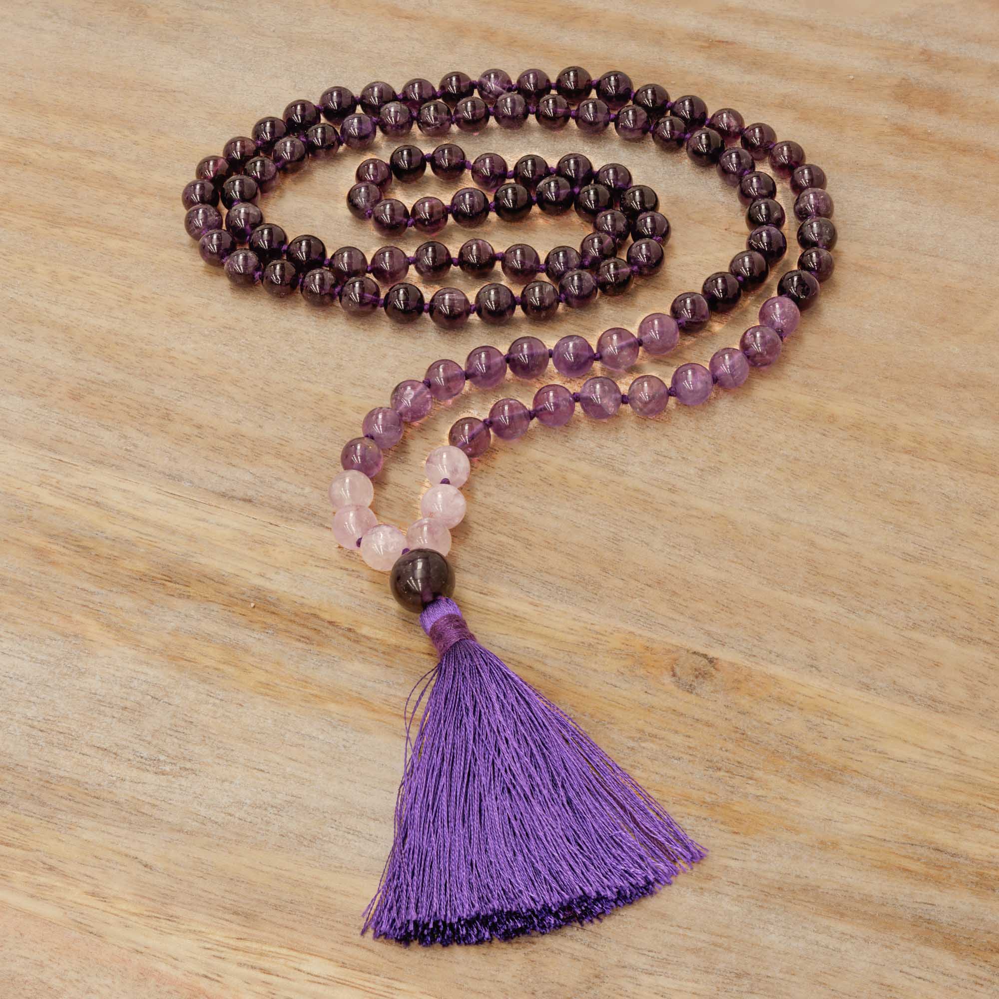 Calm Mind Flower Amethyst and Silver 108 Bead Mala Necklace /// store Hand Knotted Meditation and Crystal Healing // Yoga Japa Unisex Jewelry