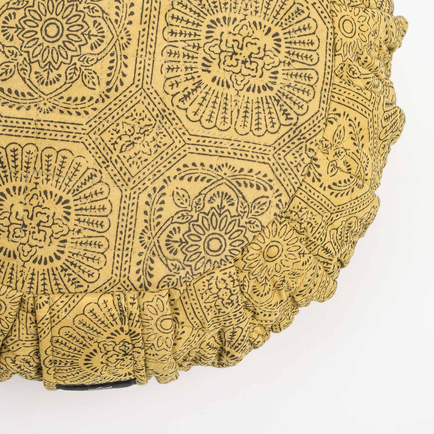 
                  
                    Round Meditation Cushion - Mustard Flower Zafu Block Printed, Quilted, Zafus -xo
                  
                