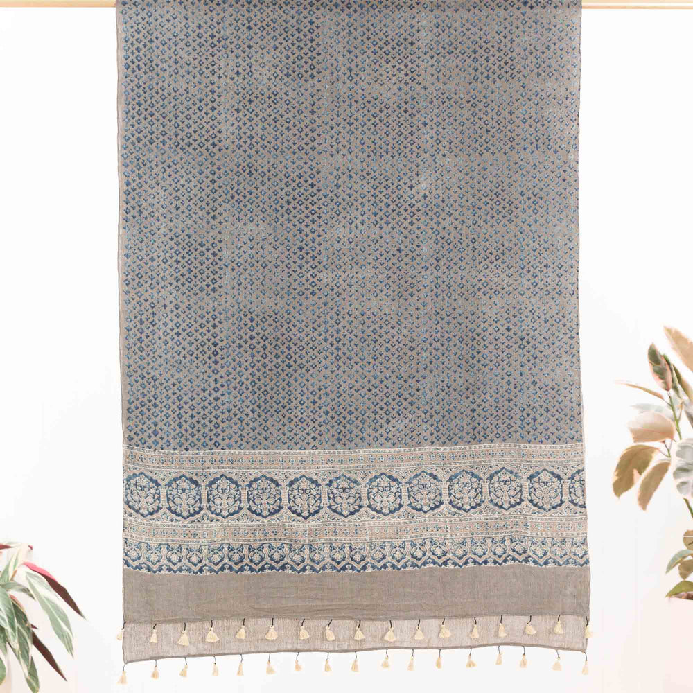 Ajrakh Indigo Mist ~ Wool Natural Dye Shawl Gifts, Scarves -xo
