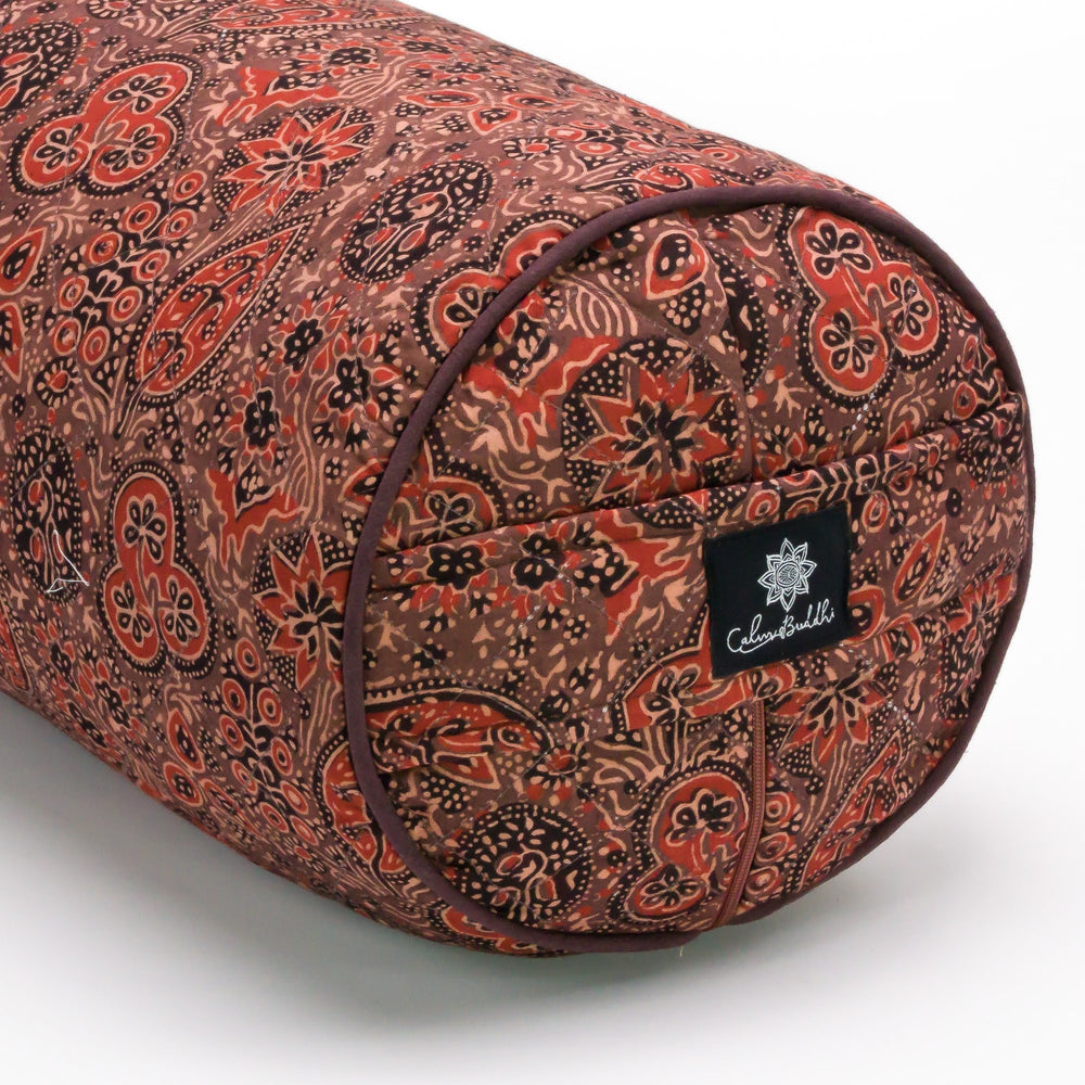 Round Yoga Bolster - Ajrakh Earth Fig leaf Block Printed, Round Bolsters -xo