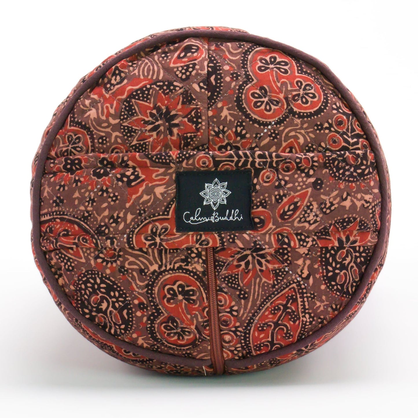 
                  
                    Round Yoga Bolster - Ajrakh Earth Fig leaf Block Printed, Round Bolsters -xo
                  
                