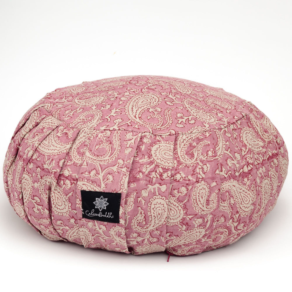 Round Meditation Cushion Paisley Pink ~ Linen-Block Printed, Zafus-xo